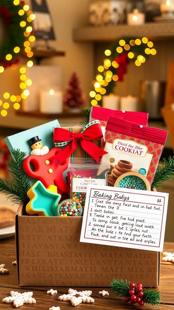 A festive Christmas baking box with cookie cutters, sprinkles, and baking mixes, set in a cozy kitchen.